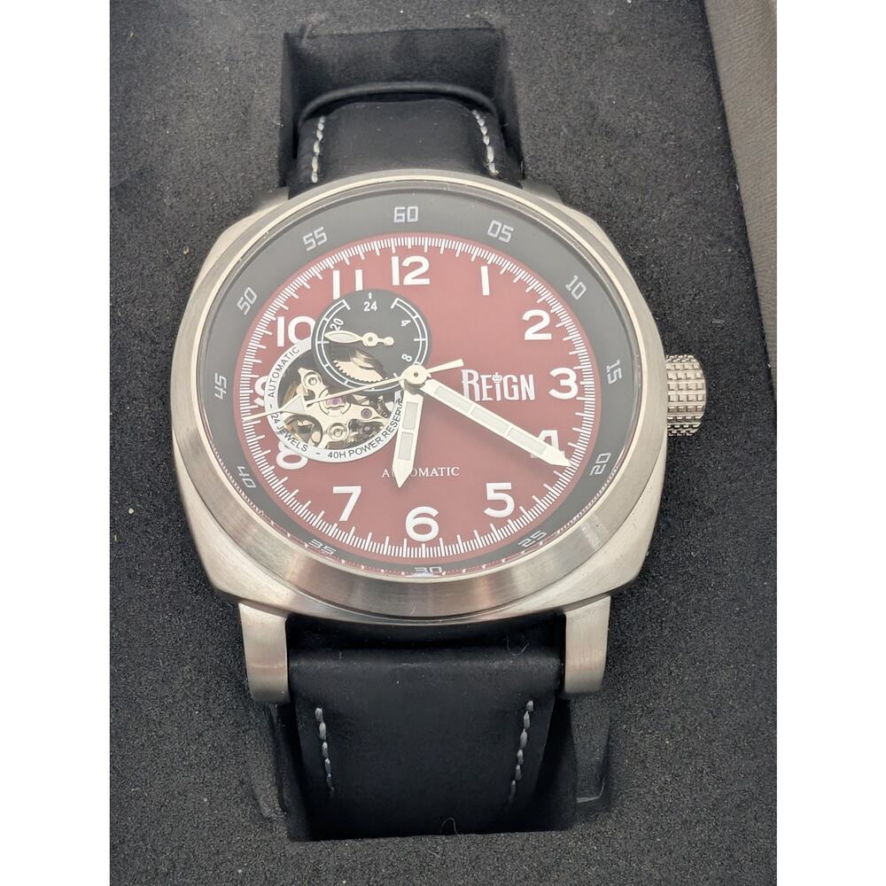 Reign Thanos Automatic Men's Skeleton Watch – Crimson Dial & Leather Strap